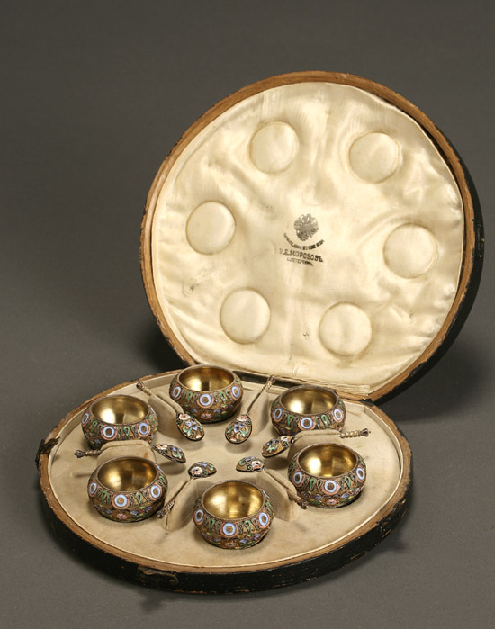 Appraisal: Cased Set of Six Russian Shaded Enamel and Silver Salt