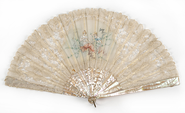 Appraisal: CHIFFON LACE AND MOTHER-OF-PEARL FOLDING FAN French th CenturyFine ribbon