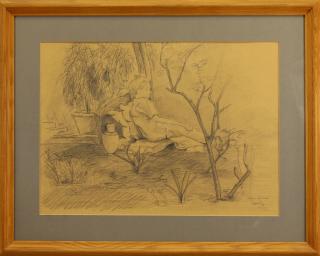 Appraisal: Lady in Garden Signed Pencil Drawing Lady in Garden Signed