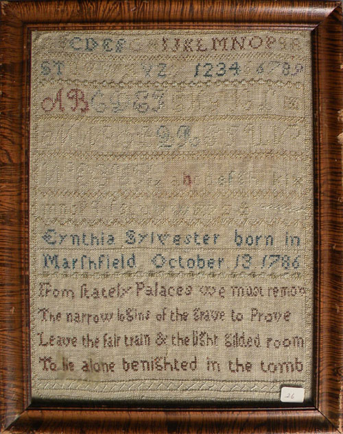 Appraisal: Silk on linen sampler ca wrought by Cynthia Sylvester x