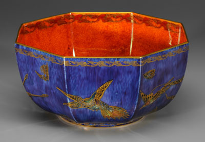 Appraisal: Octagonal Wedgwood lustre bowl mottled blue exterior with polychrome exotic