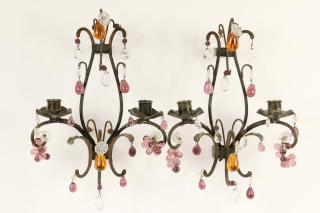 Appraisal: PAIR OF ART DECO SCONCES Wrought Iron Two-Stem Candle Sconces