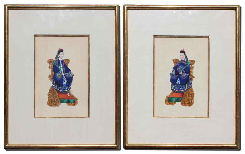 Appraisal: PAIR OF TH C CHINESE ANCESTRAL WATERCOLORS ON SILK Depicting