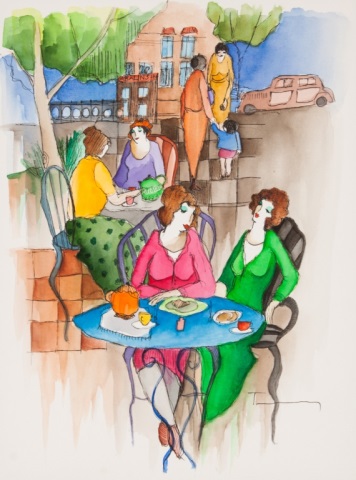 Appraisal: Itzchak Tarkay Cafe Scene watercolor Israeli - Watercolor on paper