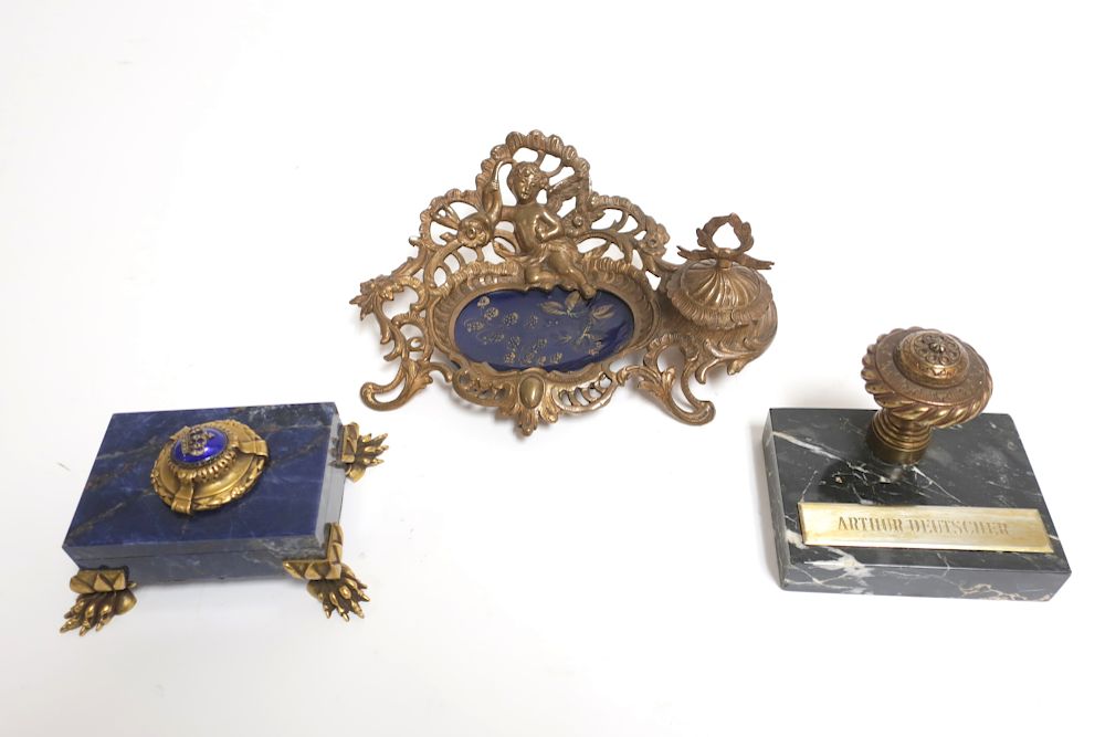 Appraisal: Three Gilt Bronze Mounted Desk Articles Lapis lazuli stamp box