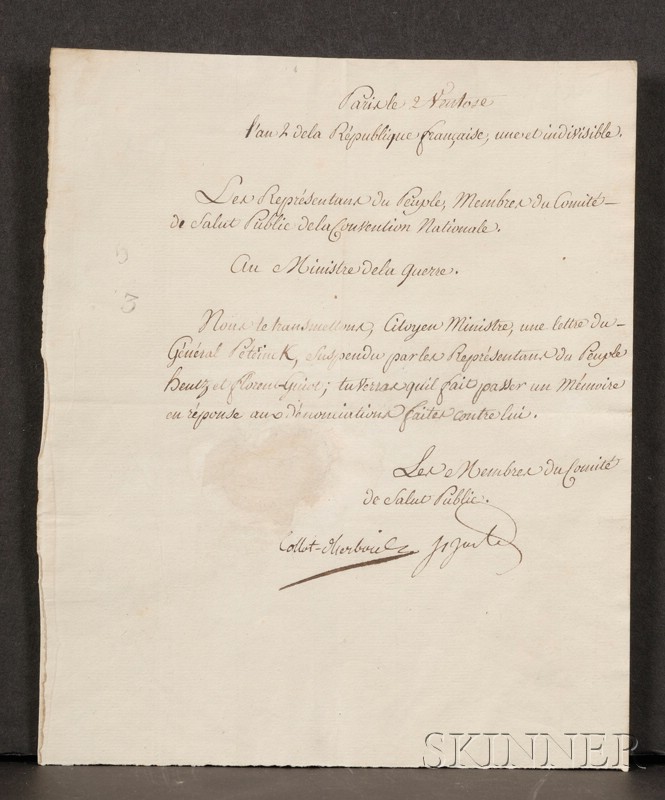 Appraisal: French Revolution Collot d'Herbois Jean-Marie - Signed document An to