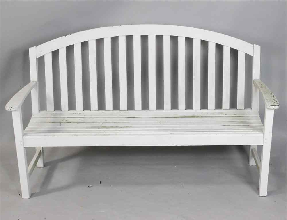 Appraisal: WHITE PAINTED GARDEN SLAT BENCH curved back heavy construction with