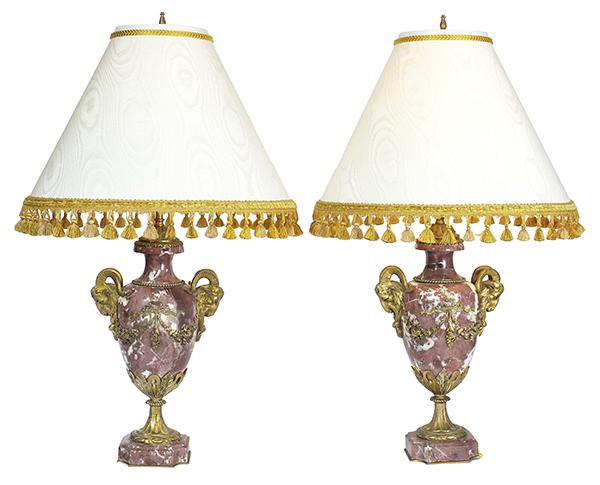 Appraisal: A PAIR OF GILT BRONZE MOUNTED MARBLE LAMPS ovoid raised