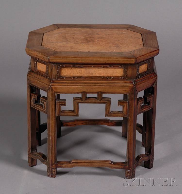 Appraisal: Hexagonal Stand China th th century rosewood with inset burlwood