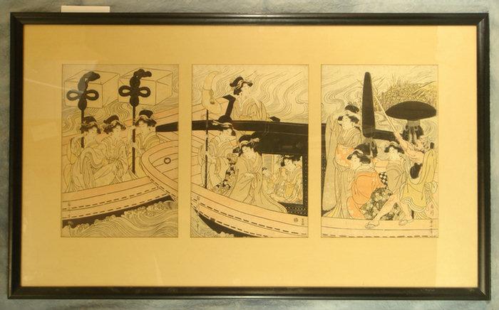 Appraisal: Japanese woodblock print tryptych Courtesans in Boats x image size