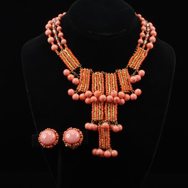 Appraisal: Miriam Haskell pc Coral Glass Beaded Necklace and Clip Earrings