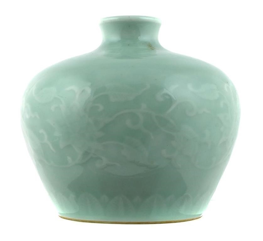 Appraisal: Small celadon vase with floral design no mark measures -