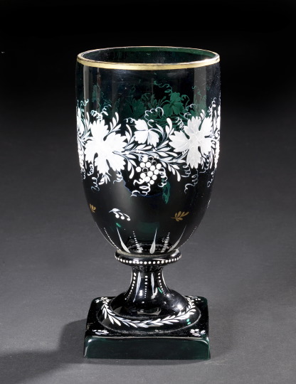 Appraisal: Attractive Edwardian Parcel-Gilded and White-Enameled Dark Teal Glass Footed Chalice