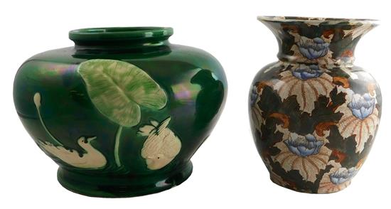 Appraisal: Two ceramic vessels with floral motif jardini re with deep