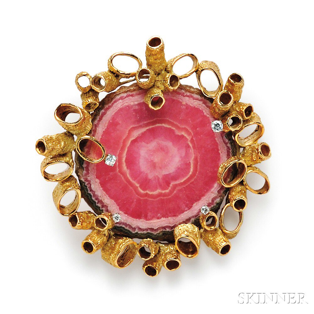 Appraisal: kt Gold Rhodochrosite and Diamond Pendant Brooch Gerhardt H Steinhauff