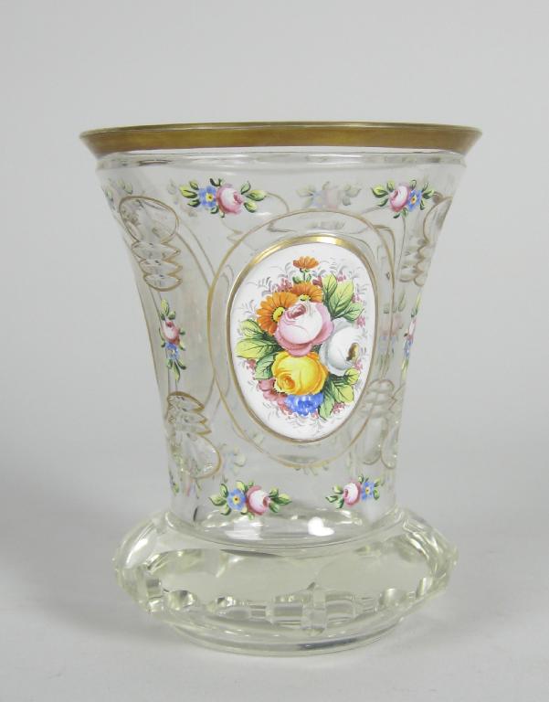 Appraisal: A Bohemian Beaker with three oval overlay enamel panels of