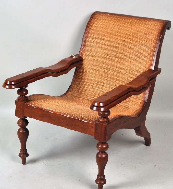 Appraisal: Hardwood Rattan Plantation Chair with Milling Road label high wide