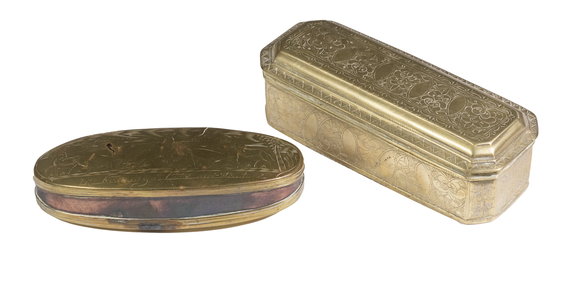 Appraisal: BRASS TOBACCO BOXES th c Dutch Oval Box with hinged