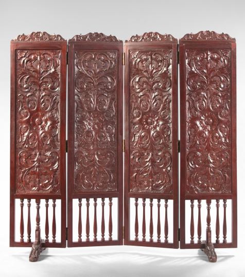 Appraisal: Large Ornately Carved Mahogany Four-Panel Folding Screen each panel deeply