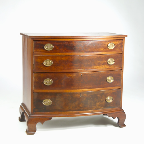 Appraisal: American mahogany bow-front chest with four burl veneer drawers raised