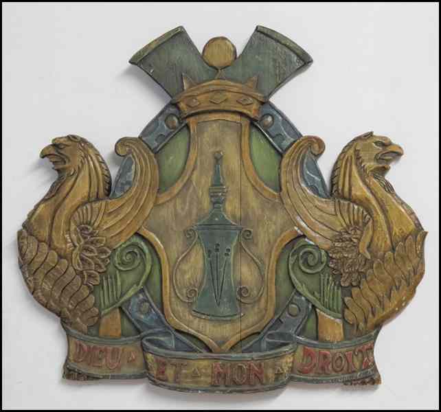 Appraisal: CONTINENTAL CAVRD AND PAINTED WOOD ARMORIAL PLAQUE '' x ''