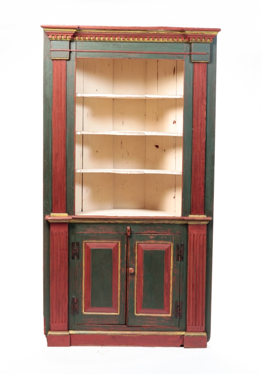 Appraisal: DAVID T SMITH DECORATED CORNER CUPBOARD Mid th century pine