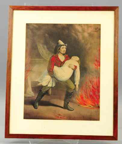 Appraisal: FIREMAN CARRYING WOMAN FROM FIRE PRINT Late 's great colors