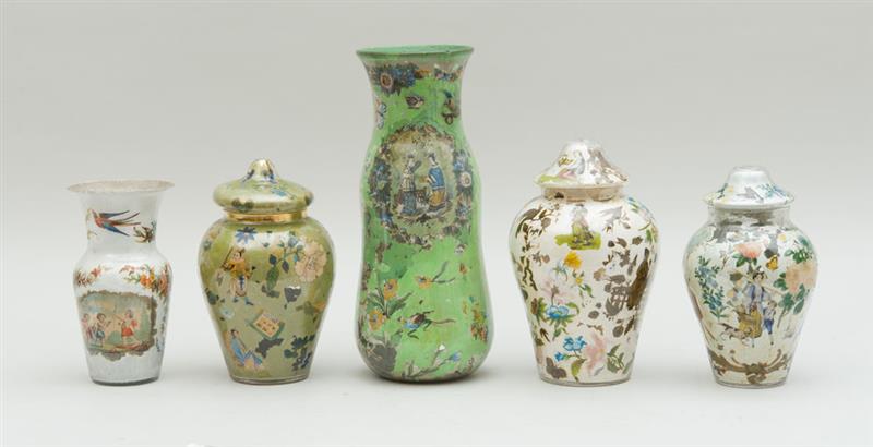 Appraisal: THREE CONTINENTAL DECOUPAGED URNS AND COVERS AND TWO VASES x