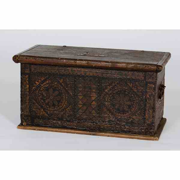 Appraisal: Painted Chest in Brown Continental a nicely carved wooden cassone