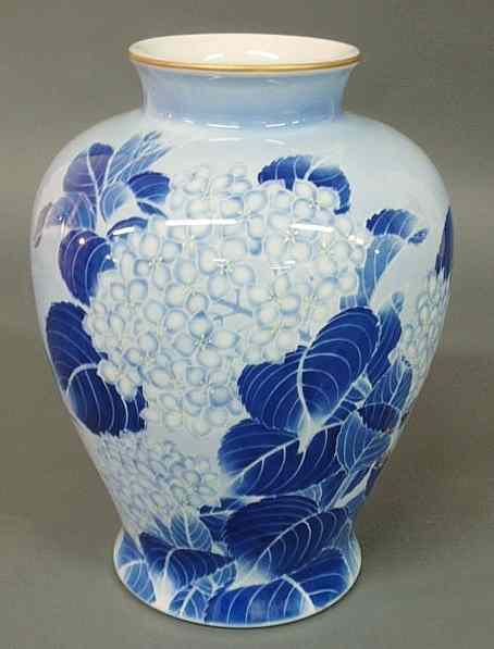 Appraisal: Japanese vase with blue and white hydrangea decoration c base