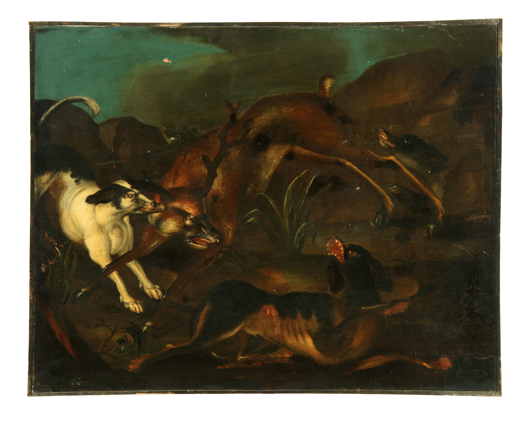 Appraisal: HUNT SCENE EUROPEAN SCHOOL TH- TH CENTURY Oil on canvas