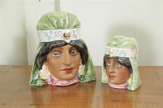 Appraisal: TWO MAJOLICA-TYPE FIGURAL TOBACCO HUMIDORS Depicting a woman in wearing