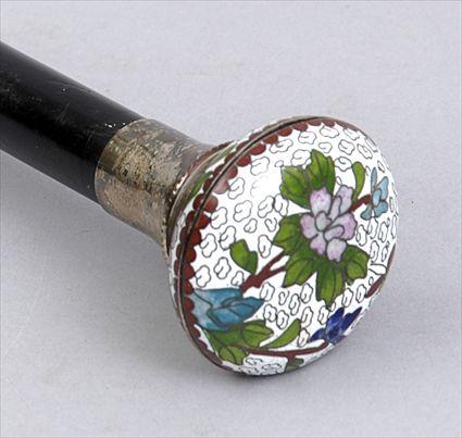 Appraisal: EBONIZED WOOD WALKING STICK WITH CHINESE CLOISONN LIDDED BOX HANDLE