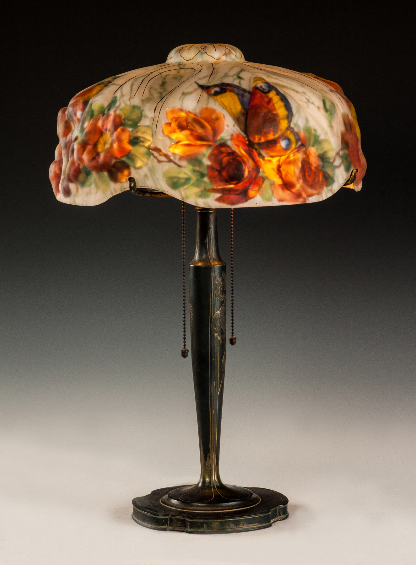 Appraisal: Closed Top Pairpoint Puffy Lamp with Rose Butterfly Shade stamped