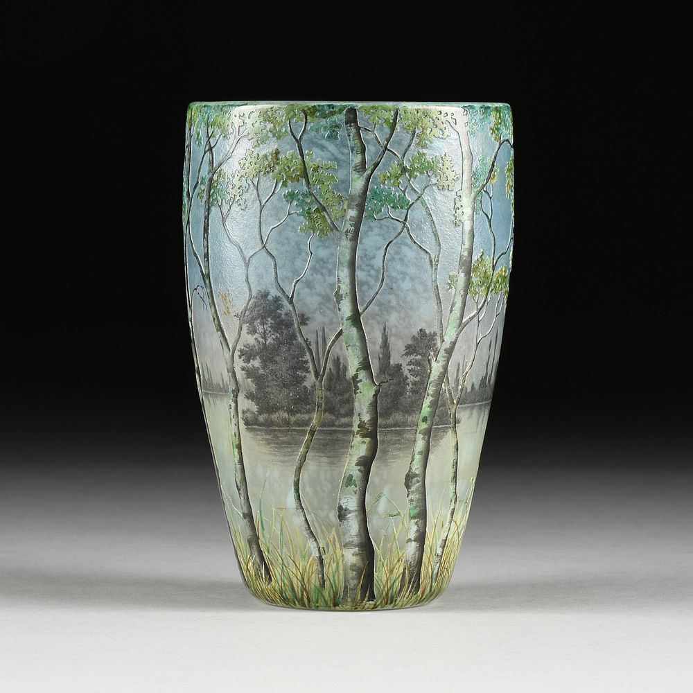 Appraisal: A DAUM NANCY ACID ETCHED AND ENAMELED GLASS LAKESHORE VASE