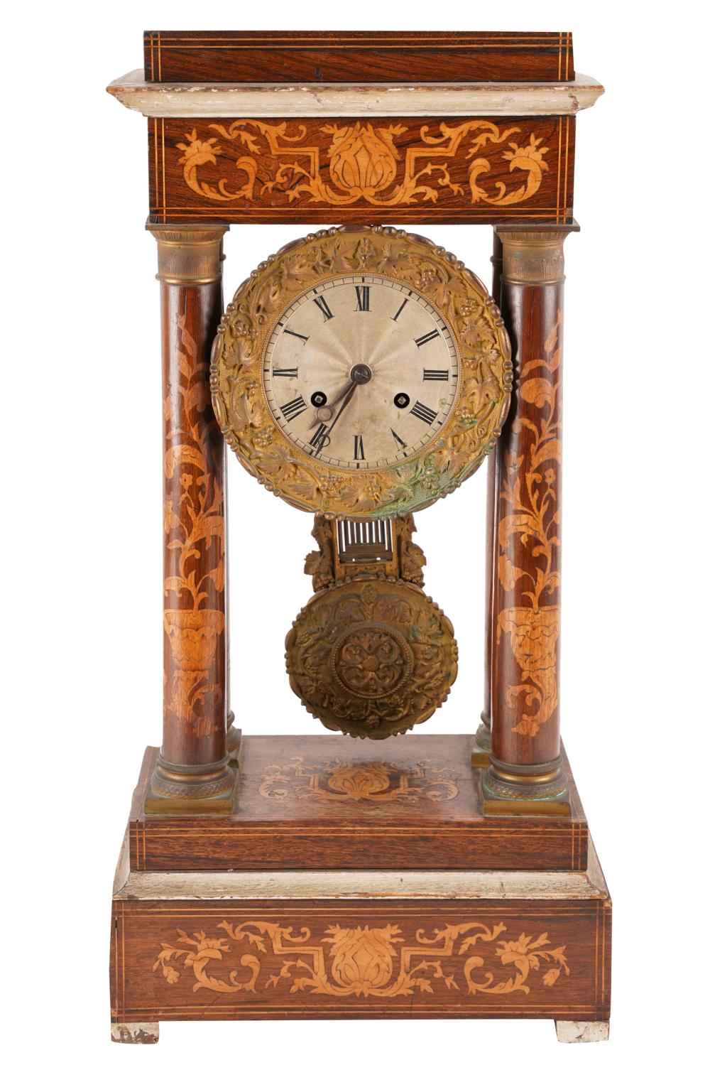 Appraisal: MARQUETRY MANTEL CLOCKunsigned with silvered and gilt metal dial inches