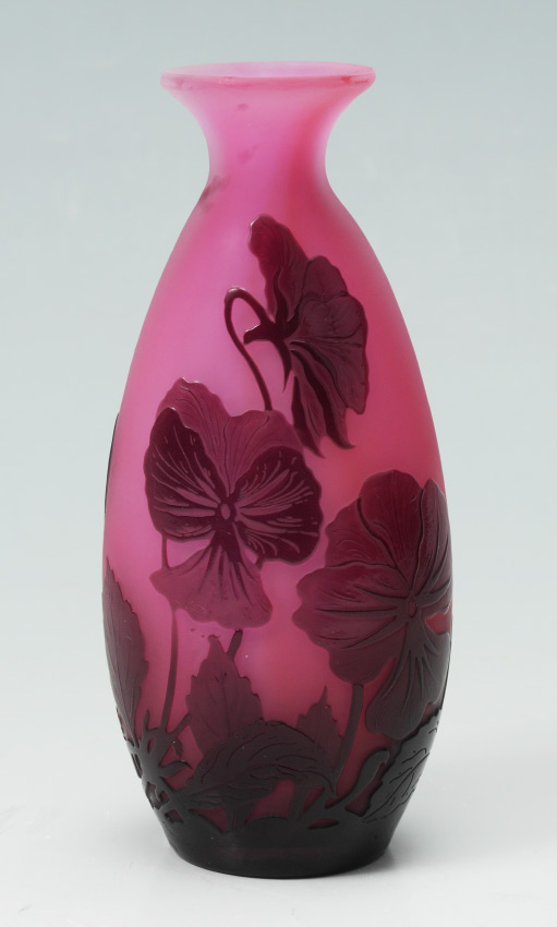 Appraisal: CAMEO GLASS FLORAL VASE SIGNED GALLE Burgundy floral motif on