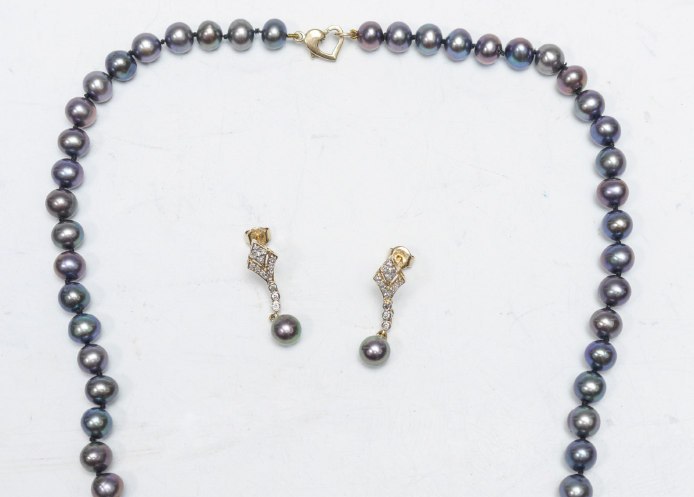 Appraisal: FRESHWATER BLACK PEARL NECKLACE EARRINGS '' strand of mm black