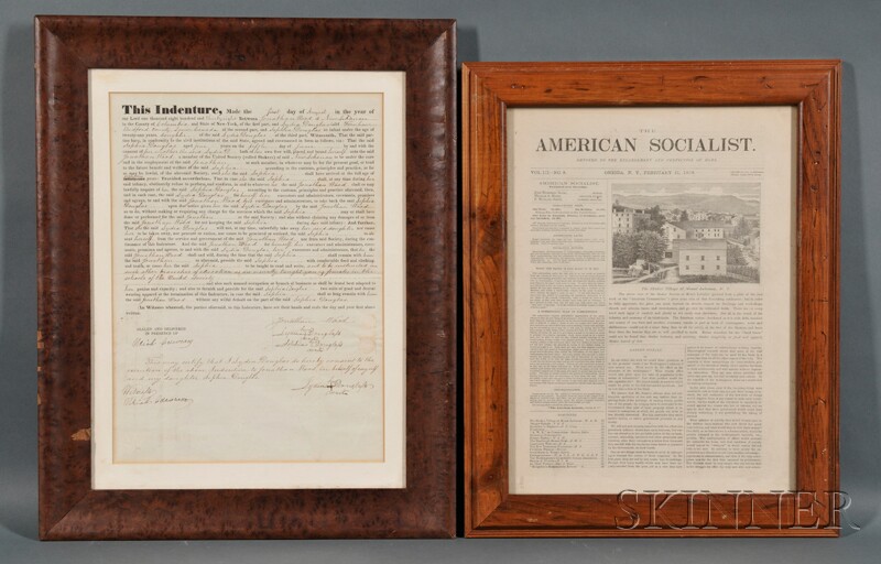 Appraisal: Framed Shaker-related Newspaper and Indenture American Socialist a periodical from