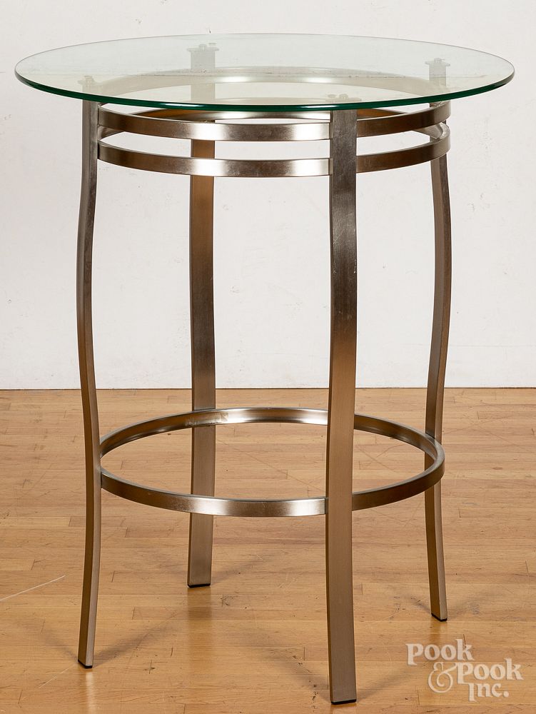 Appraisal: Modern chrome high table with glass top h Modern chrome