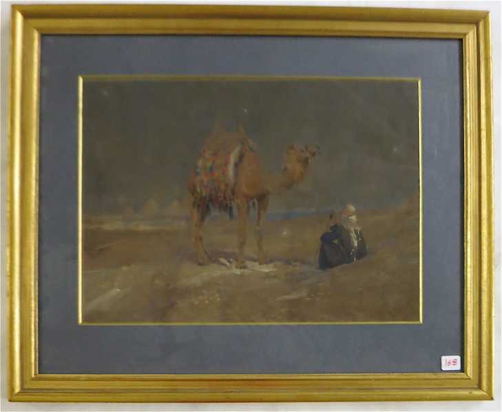 Appraisal: EGYPTIAN NOCTURNAL LANDSCAPE WATERCOLOR ON PAPER figure seated next to