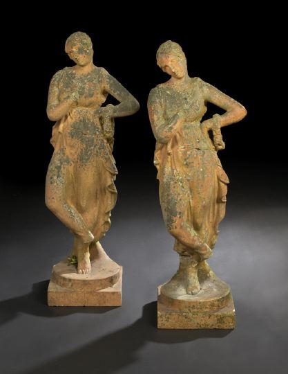 Appraisal: Pair of French Terra Cotta-Tinted Cast-Stone Garden Figures of Classical