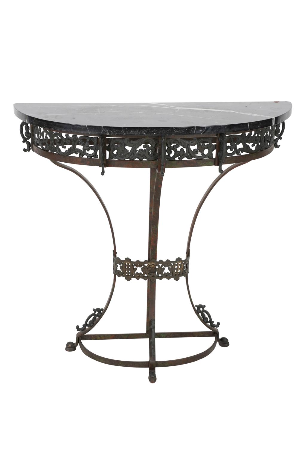 Appraisal: IRON MARBLE DEMILUNE CONSOLE TABLECondition wobbles slightly felt pads to