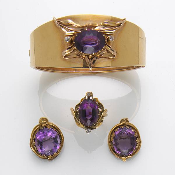 Appraisal: A suite of amethyst and k gold jewelry comprising a