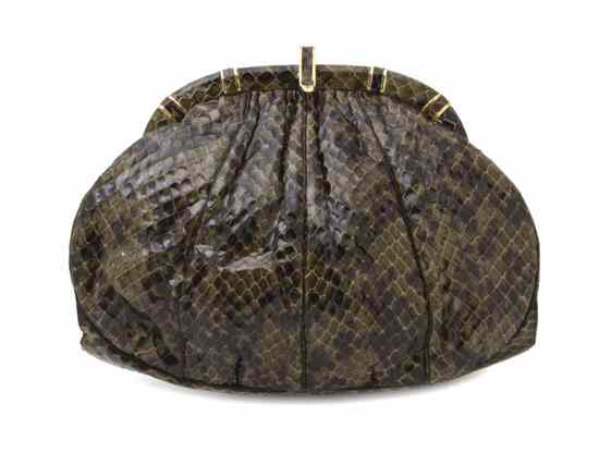 Appraisal: A Judith Leiber Olive Green Snakeskin Clutch goldtone hardware and