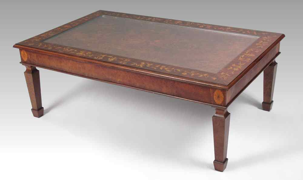 Appraisal: FRENCH INLAID COFFEE TABLE WITH GLASS TOP Floral inlay rim