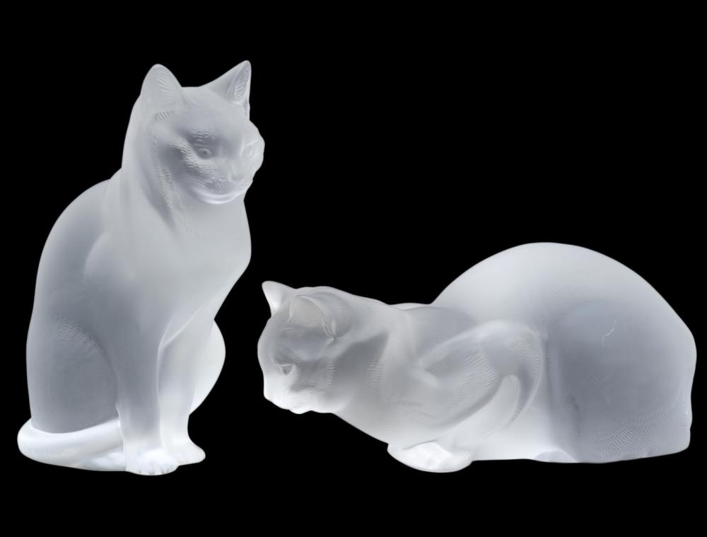 Appraisal: LALIQUE 'CHAT ASSIS' 'CHAT COUCHE' CRYSTAL CATS Lalique frosted molded