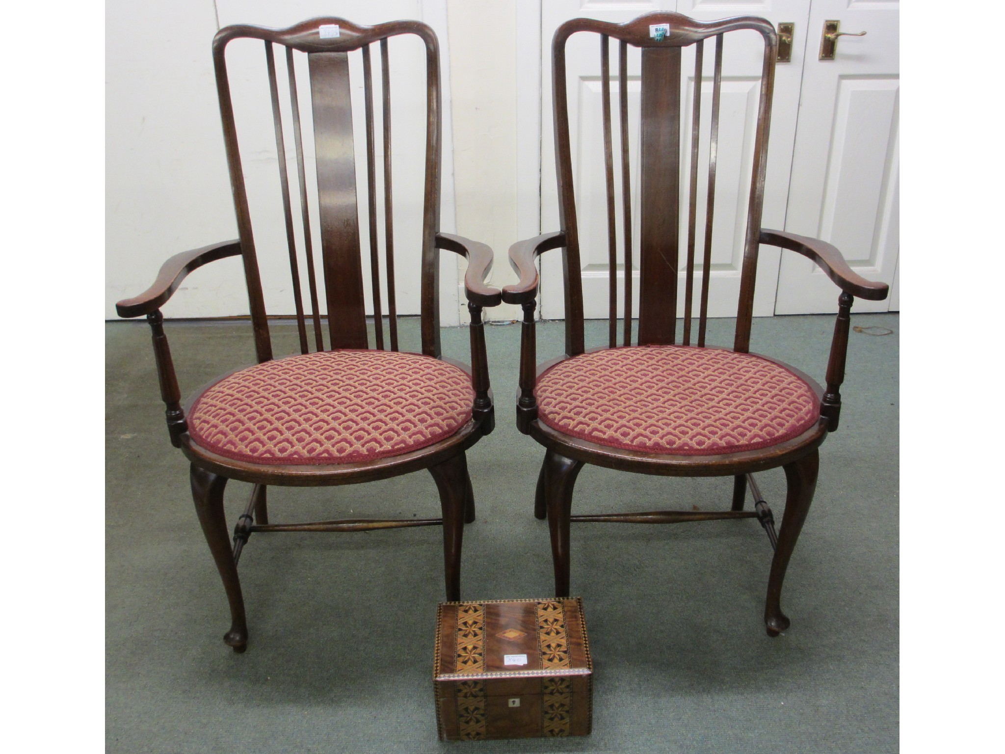 Appraisal: Pair of Edwardian mahogany armchairs and jewellery box