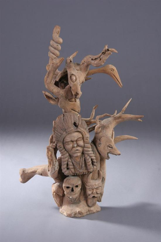 Appraisal: NATIVE AMERICAN TOTEM ROOT CARVING Depicting Native American chief serpents