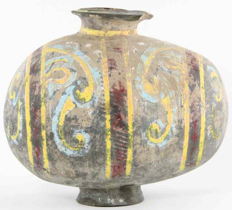 Appraisal: Chinese Painted Pottery Cocoon Jarthe gray body with polychrome decoration